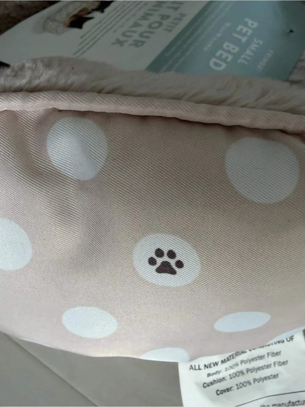 Fringe Studio Plush Hexagon Pet Bed w/Polka Dot Print and Cozy Beige Interior.